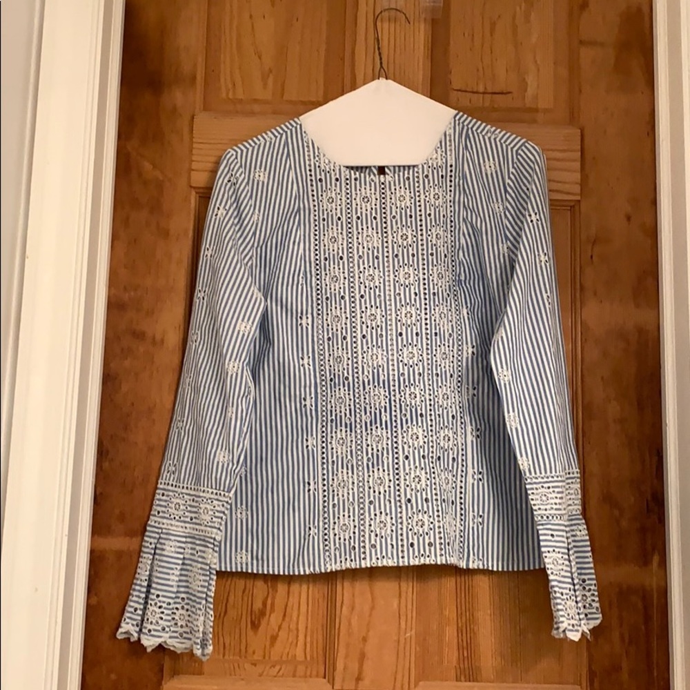 J. Crew eyelet, striped blouse. Flared sleeves.